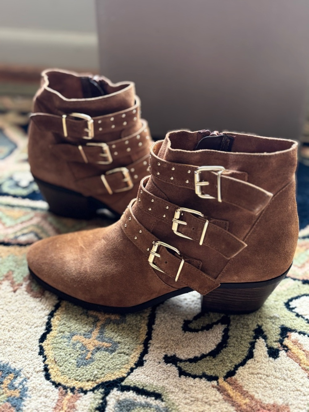 San Marina brown suede ankle booties with gold accents, size 38